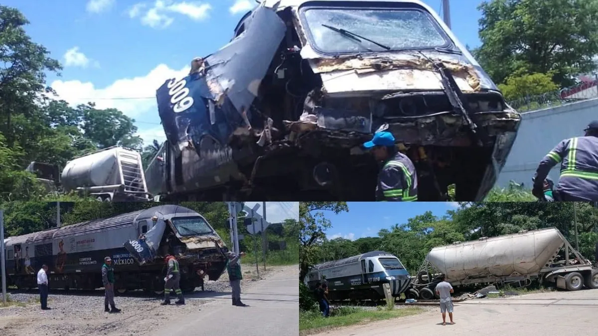 Tren Interoceánico choca contra tráiler que intentó ganar el paso en Macuspana, Tabasco