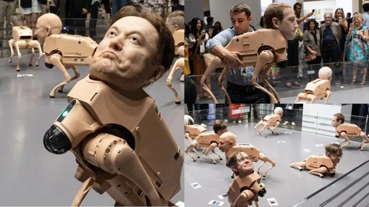 Beeple suelta perros-roboto con cara de Musk y Warhol en Art Basel… y el mercado vuelve a aullar