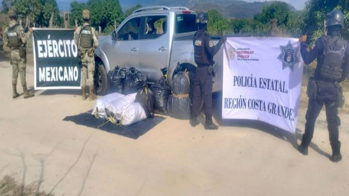 Aseguran casi 100 kilos de marihuana y auto robado en Tecpan de Galeana