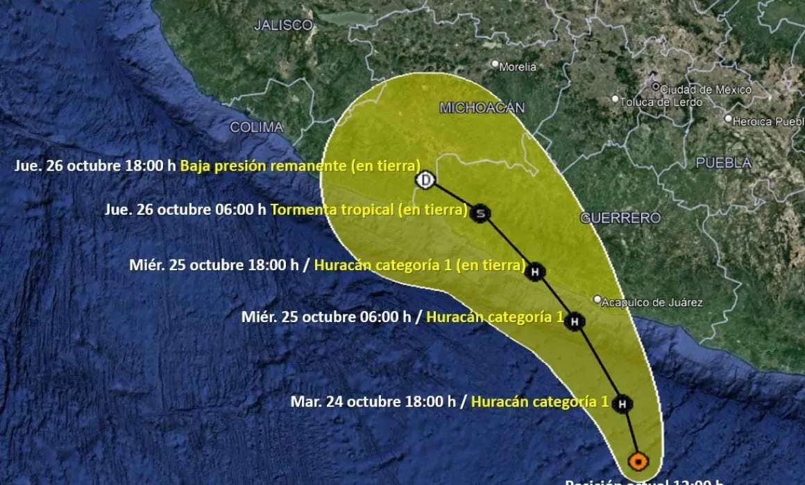 Otis se convierte en huracán categoria uno frente a las costas de Guerrero
